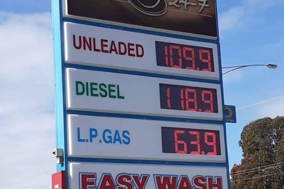 Fuel price board at a Bendigo station.