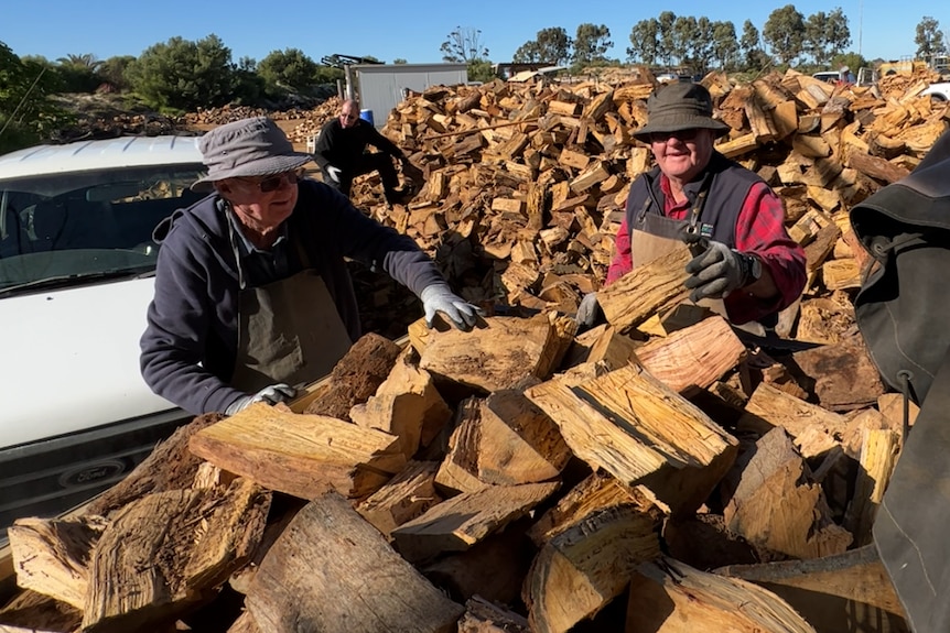 Three men stand around two utes loaded with wood