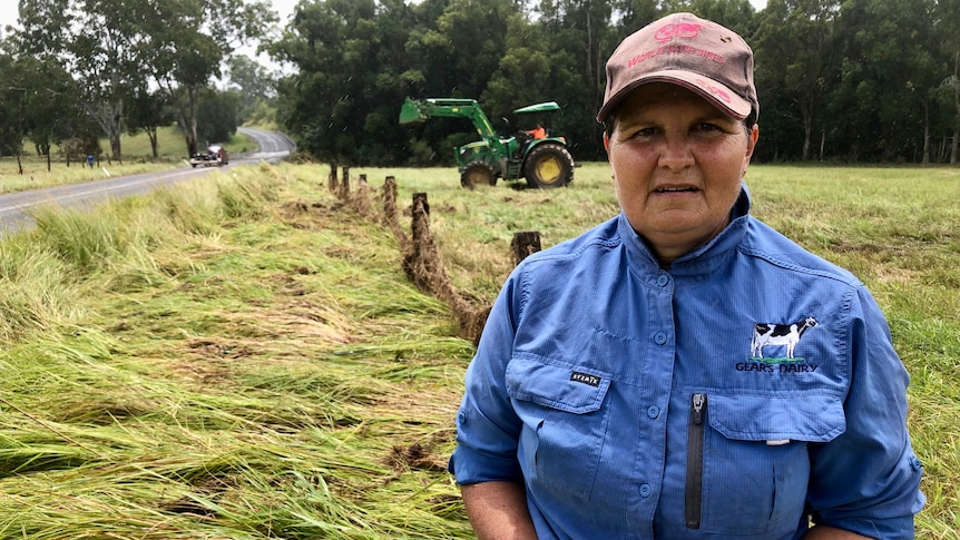 A woman stands in front of a damaged fence.