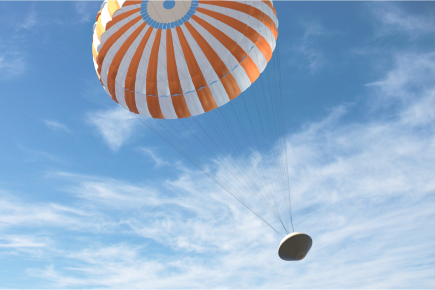 A parachute with a blue sky backdrop.