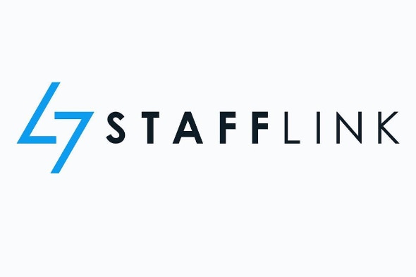 A white logo reading 'STAFFLINK' on a blue background.