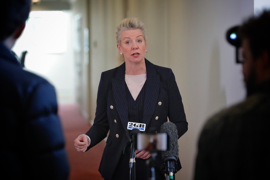 Une femme blonde en costume sombre répond aux questions devant une porte au bout d’un couloir.