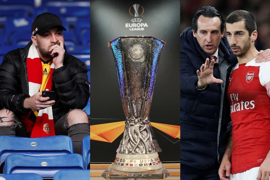 An Arsenal fan looks glum, the Europa League trophy stands on a pedastal, and Unai Emery gives directions to Henrikh Mkhitaryan