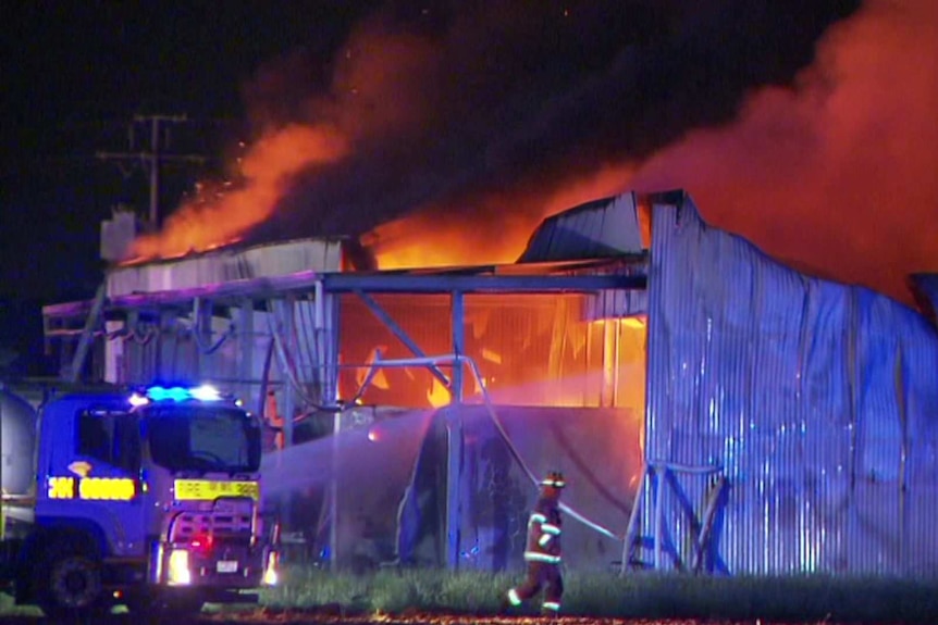 A shed on fire and a fire truck and a fireman in front.