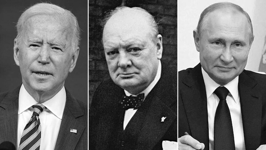 Side by side photos of Joe Biden, Winston Churchill and Vladimir Putin
