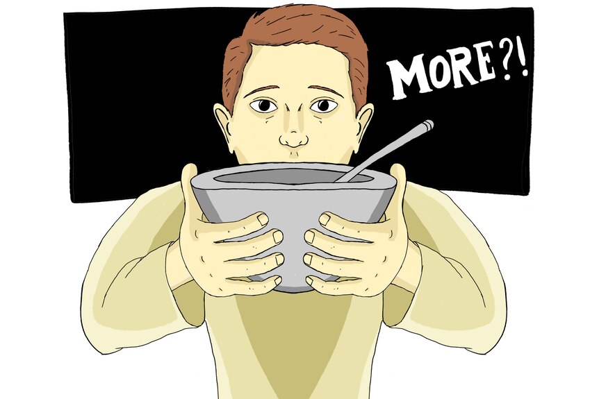 Man with bowl asks for more food, cartoon.
