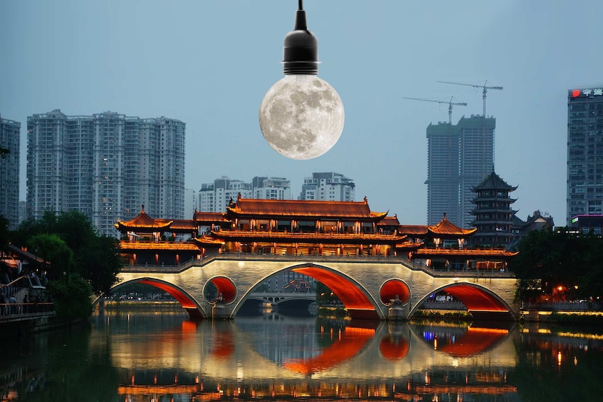A moon, which replaces the globe in a light globe, hangs over Chengdu's cityscape.