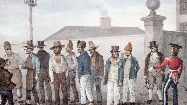 Painting of row of men in colonial times