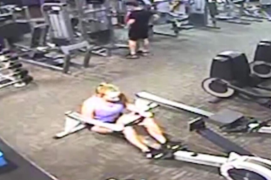 CCTV image of a woman on a gym rowing machine