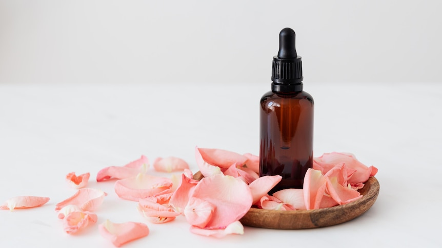 Essential oil bottle among rose petals in a story about MLMs and why to avoid them.