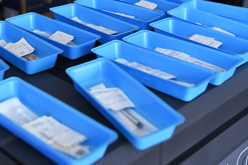 COVID-19 vaccinations lined up in blue containers.