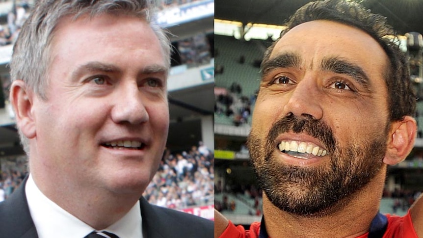 Eddie McGuire (L) says his comments about Adam Goodes (R) amount to racial vilification.