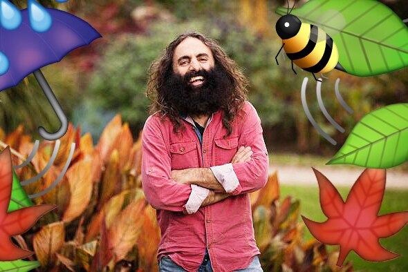Gardening Australia's Costa Georgiadis standing in a garden surrounded by leaves and bugs illustrating our episode recap.