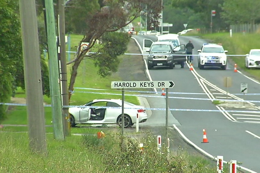 A silver car with its door open next to a road in a grassy area with trees, surrounded by police tape with police cars nearby.