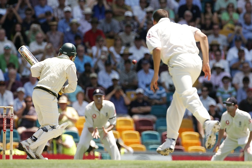 The batsman looks to one side and the bowler stares as the first ball of the series sails well wide of the crease. 