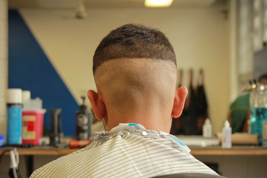 The back of a boys head, showing the 'fade' hairstyle, where it's short on the sides, and gradually fades to be longer on top.