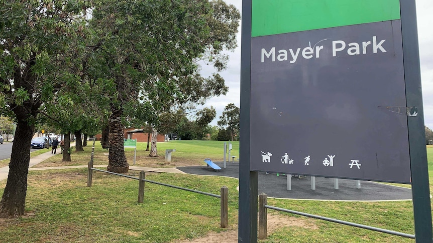 The sign for Mayer Park in Thornbury.