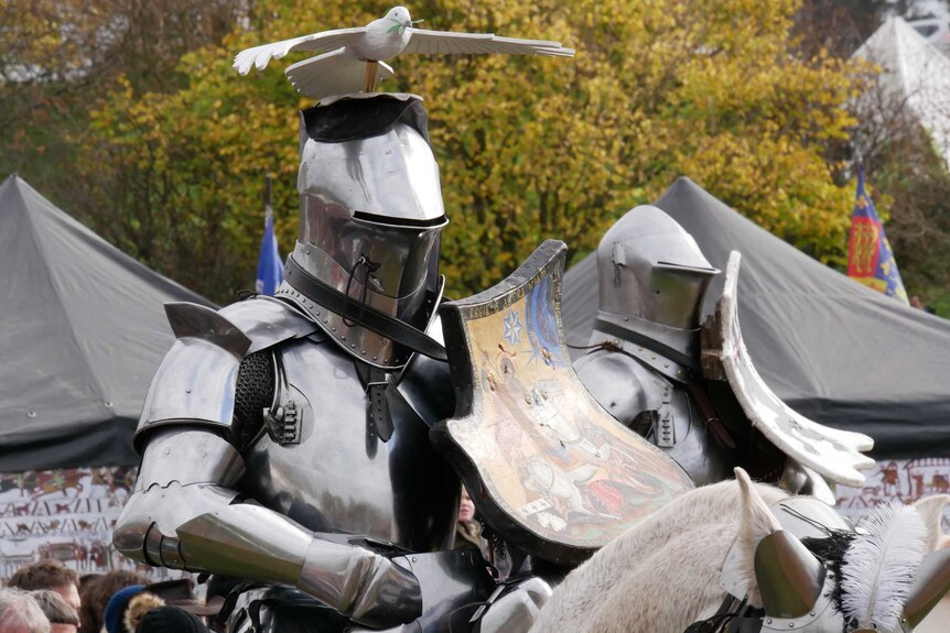 Two people dressed in full body armour as knights hold up shields.