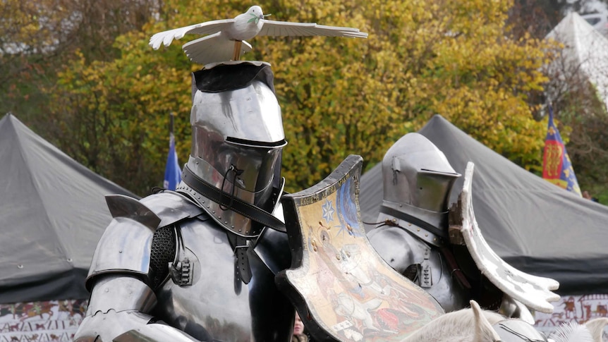 Two people dressed in full body armour as knights hold up shields.