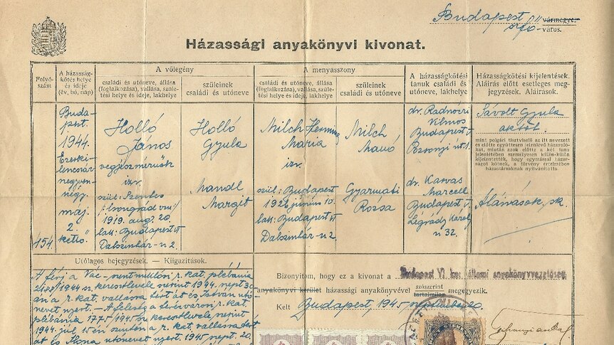 An old stained document with writing on it in Hungarian, with Budapest written in the top right corner.
