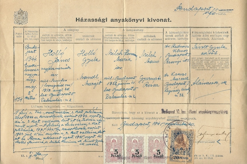 An old stained document with writing on it in Hungarian, with Budapest written in the top right corner.