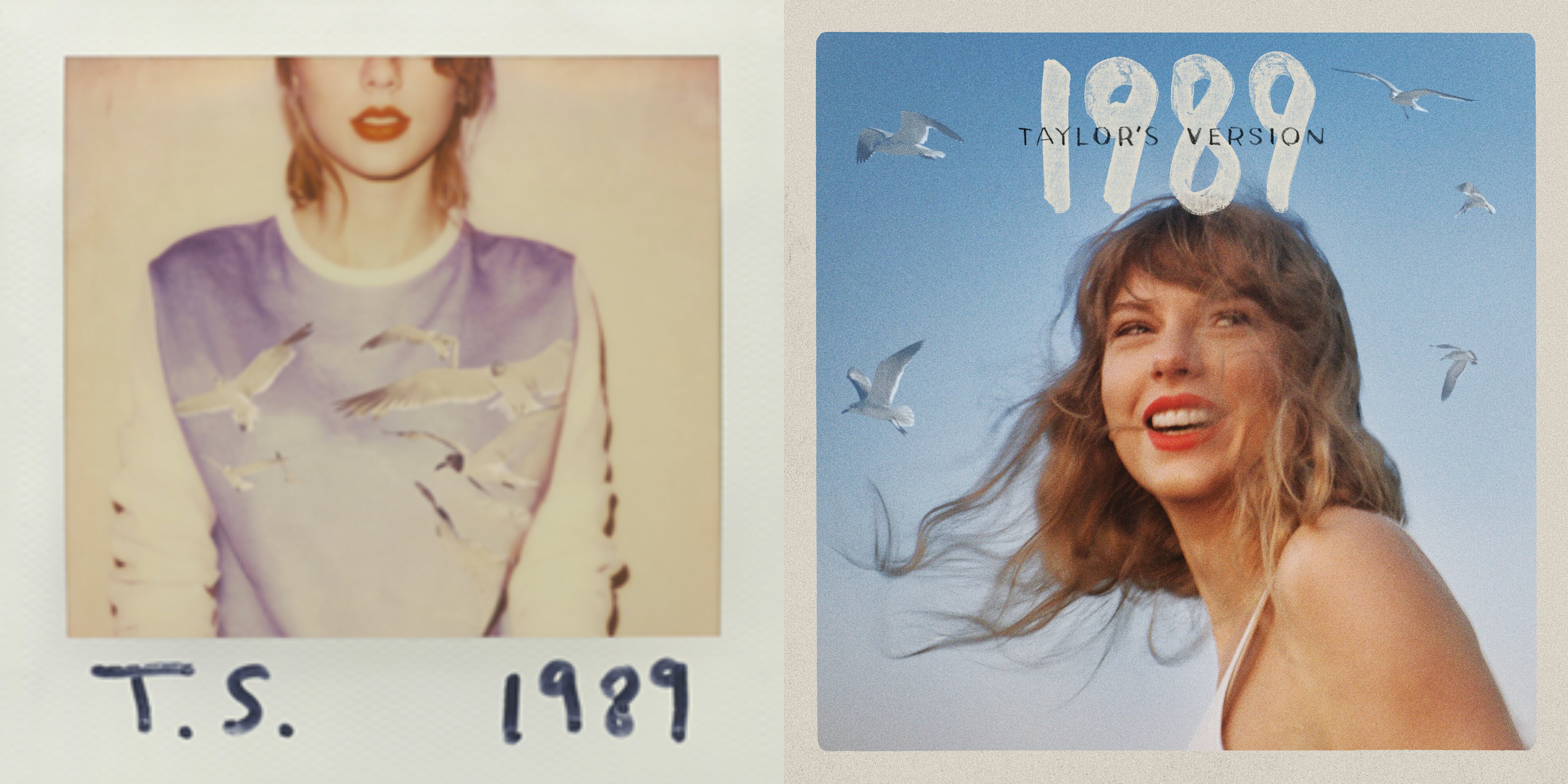 A composite image of Taylor's first 1989 album cover next to her new one.