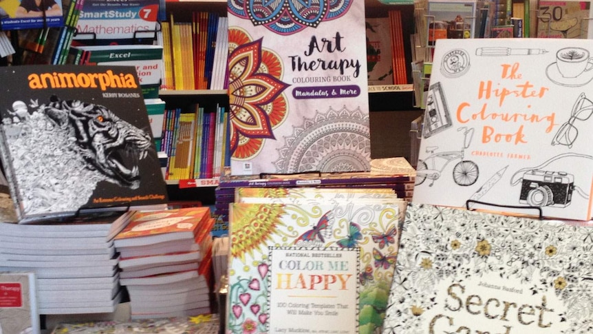 Adult colouring books on display in a Brisbane bookstore
