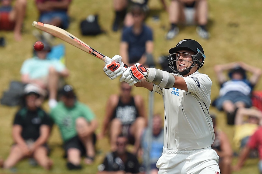 New Zealand's Trent Boult hits on the off-side against Australia on day four in Wellington.