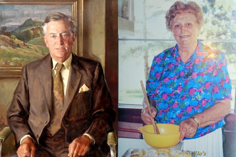 A painted portrait of Sir Joh Bjelke-Petersen alongside a photo of Lady Flo making scones.
