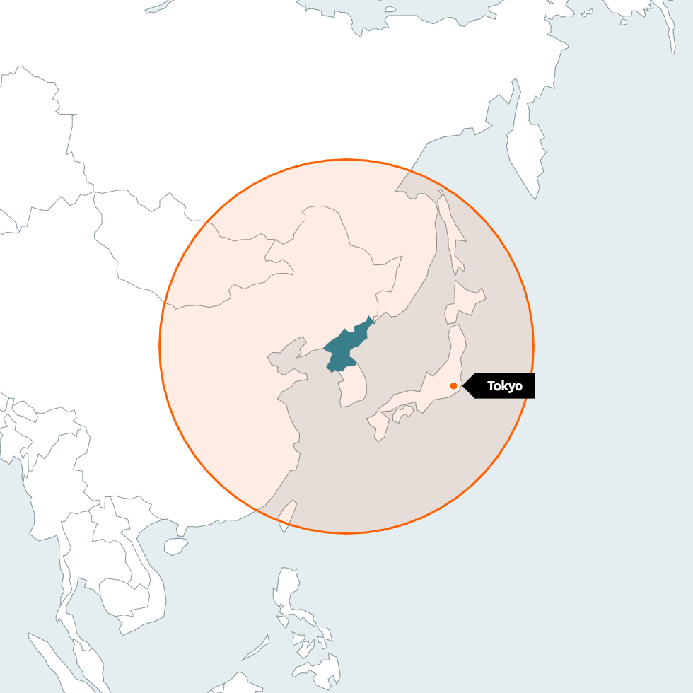 Red circle around North Korea showing the range of its medium-range missiles. Tokyo is marked inside the circle.