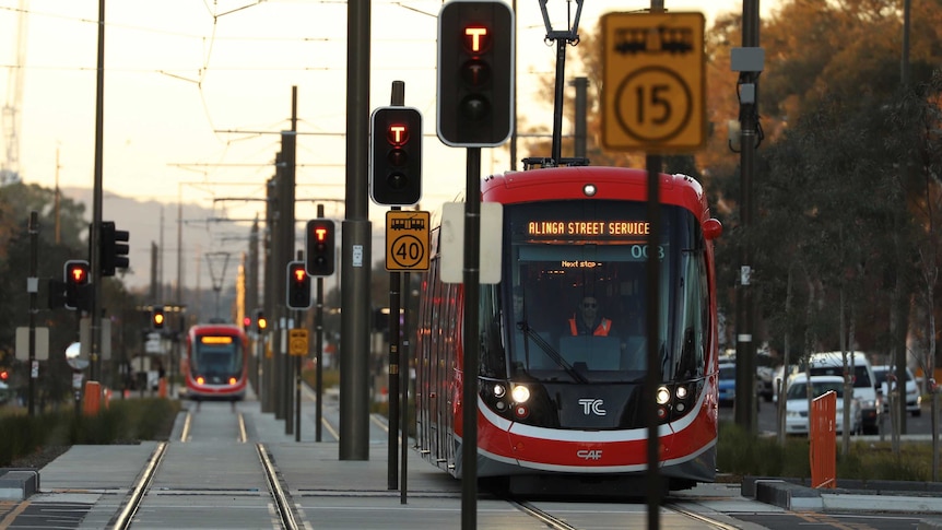 Canberra's light rail vehicles travel along a track at sunset.