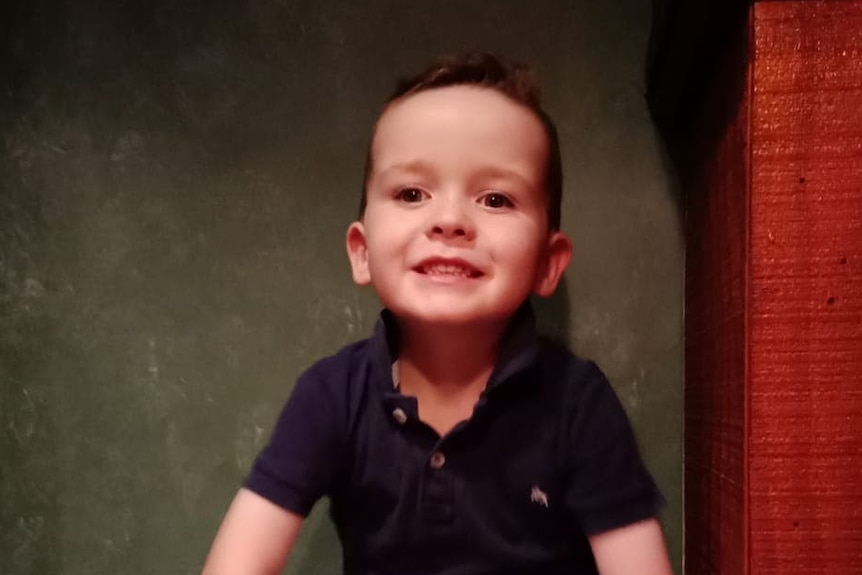 A young boy, wearing a dark-coloured shirt, smiling