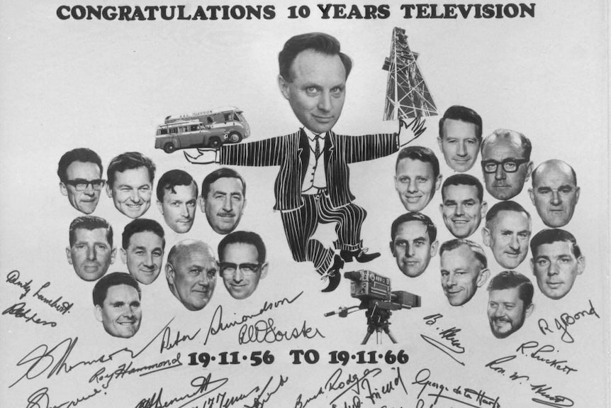 Signatures are displayed on a card from 1966 to celebrate the first ten years of ABC broadcasting in Victoria.