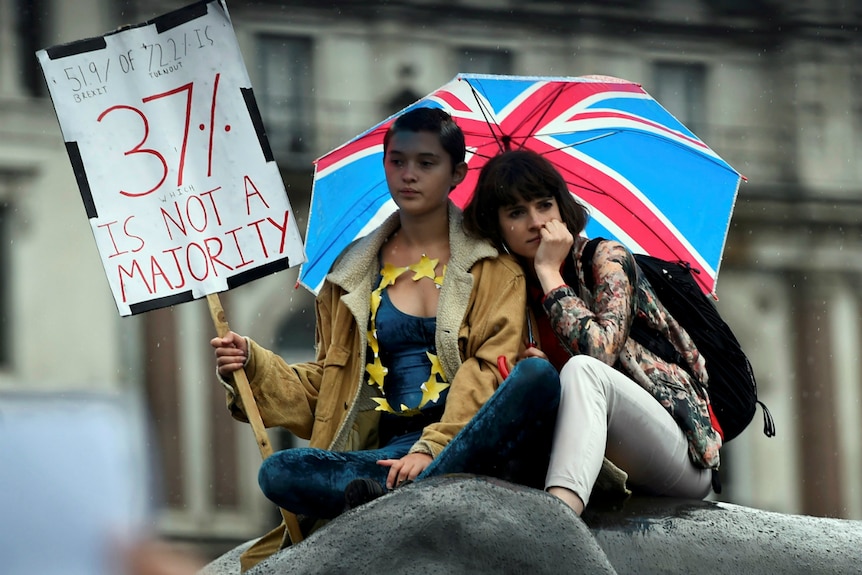 Demonstrators take part in a protest aimed at showing London's solidarity with the European Union.