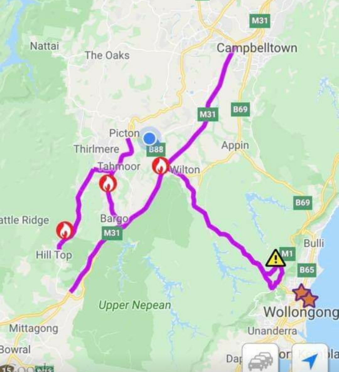 A map showing road closures south of Sydney on December 19.