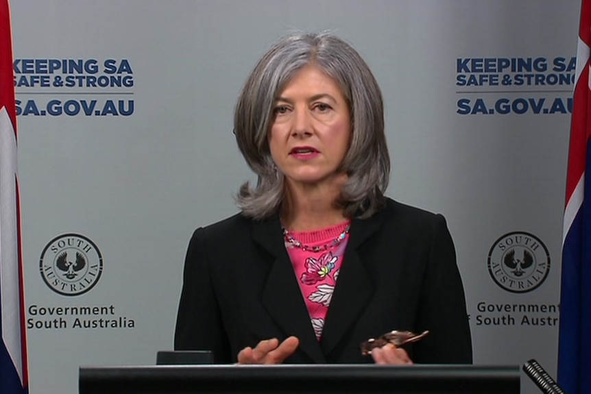 A woman with grey hair wearing a black blazer and a pink shirt