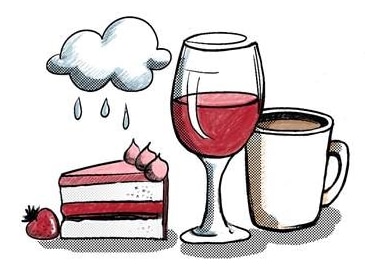 A drawing depicting a glass of red wine, a coffee mug, a slice of cake with a strawberry and a cloud with rain drops.