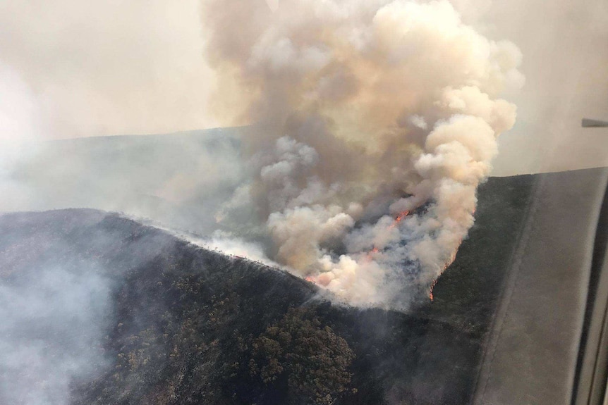 Smoke billowing from fire in wilderness in southern Tasmania