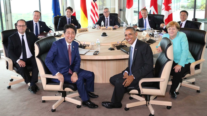 Group of Seven leaders including Barack Obama and Japan PM Shinzo Abe.