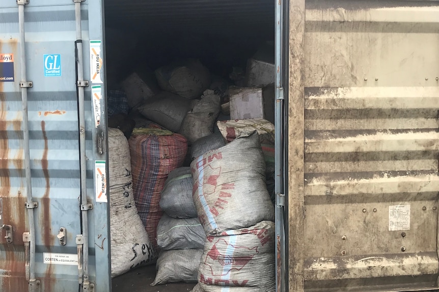 A shipping container with its doors ajar, revealing many sacks full of contents