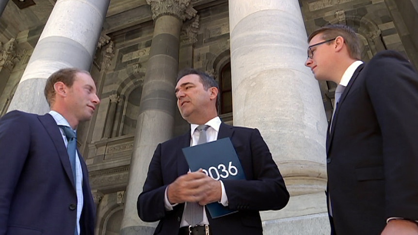 David Speirs, Steven Marshall, Stephan Knoll on the steps of Parliament.