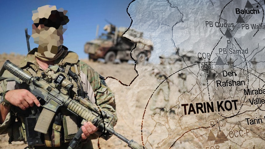 A soldier, whose face is pixelated, stands in camouflage gear with a firearm. There is a map of Tarin Kot over part of the photo