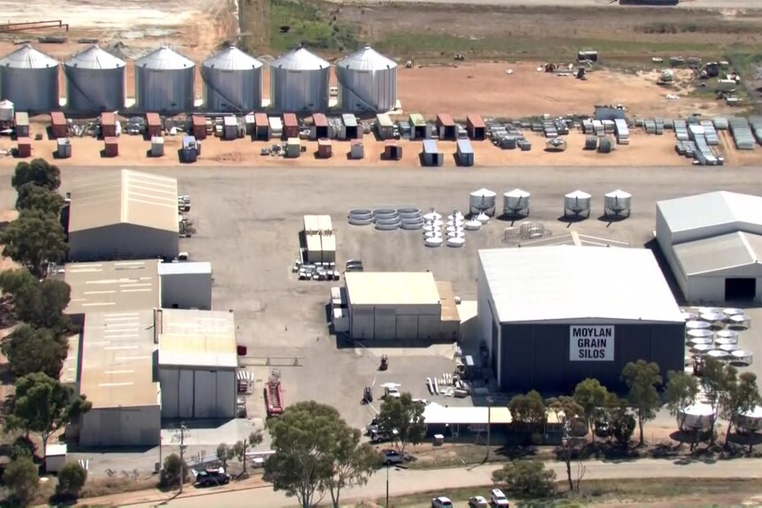 An aerial image of an industrial area including the 'Moylan Grain Silos'