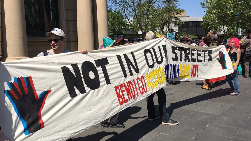 Anti-racism groups demonstrating under the banner of the Bendigo Action Coalition.