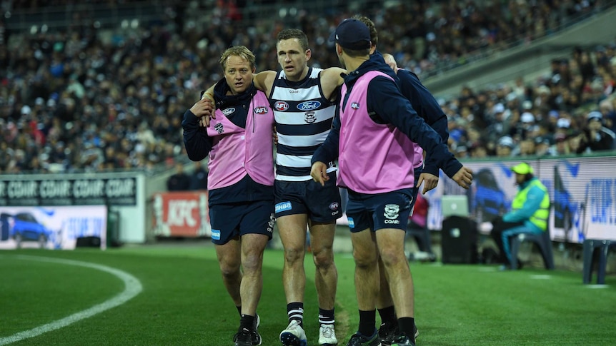 Joel Selwood of the Cats (2L) is carried from the ground after sustaining an injury against Sydney.