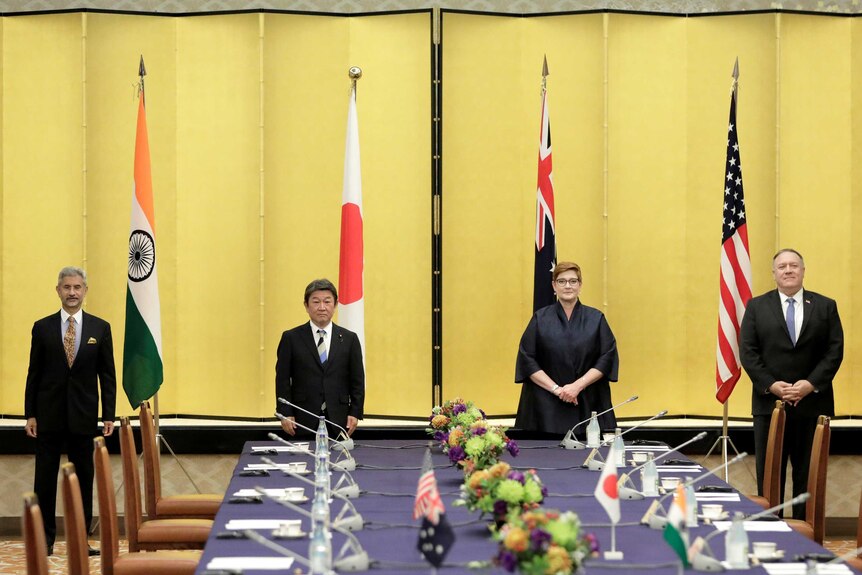 The foreign ministers of India, Japan, Australia and the US pose for a photo