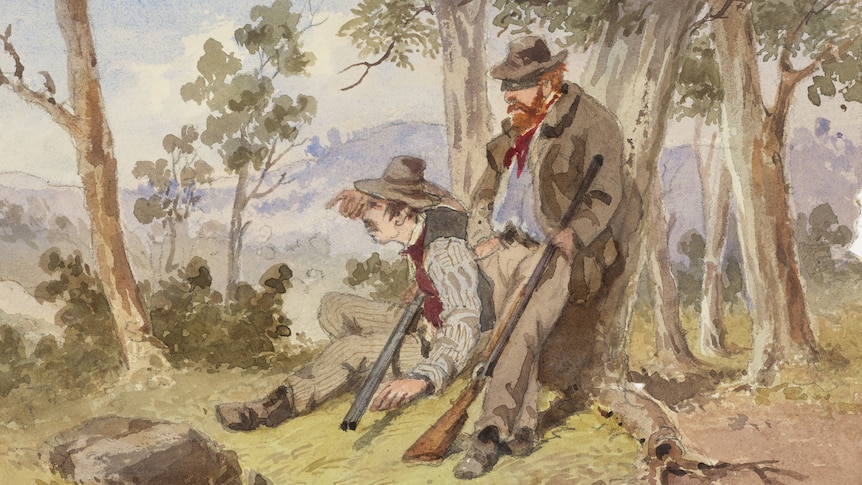 Painting of two bushrangers sitting under a tree