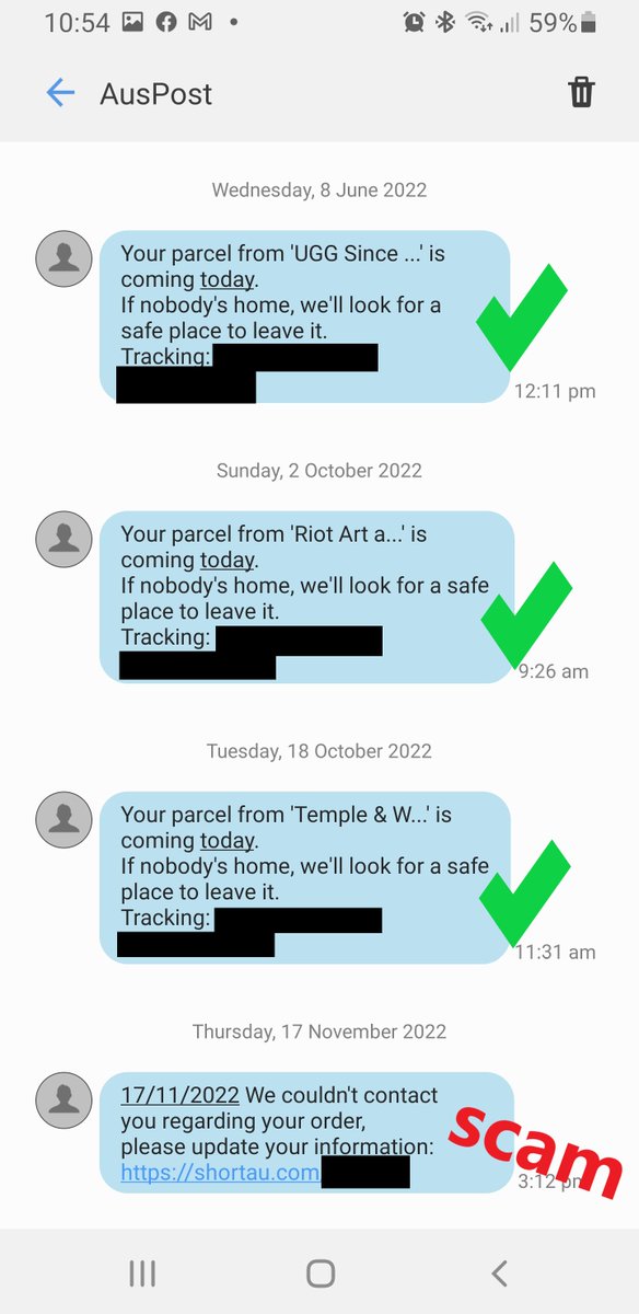 A screenshot of a series of messages from the sender "AusPost", with three being the same wording, the fourth being a scam