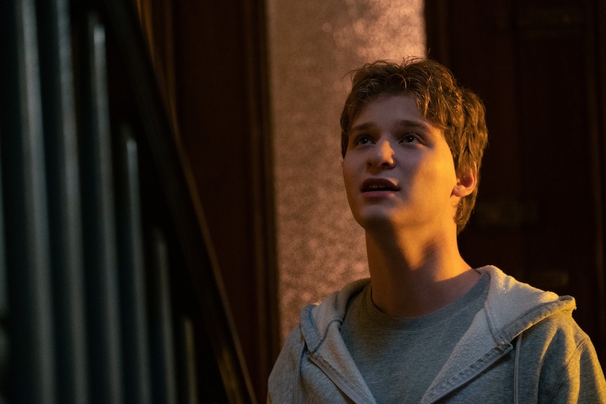 Film still of Fred Hechinger as Ethan wearing a hoodie looking upwards with face cast in shadow in The Woman in the Window