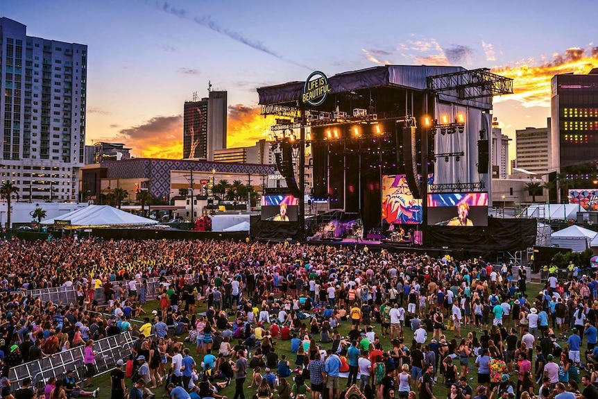 The Ogden Hotel is seen to the left of the Life is Beautiful Festival in Las Vegas.